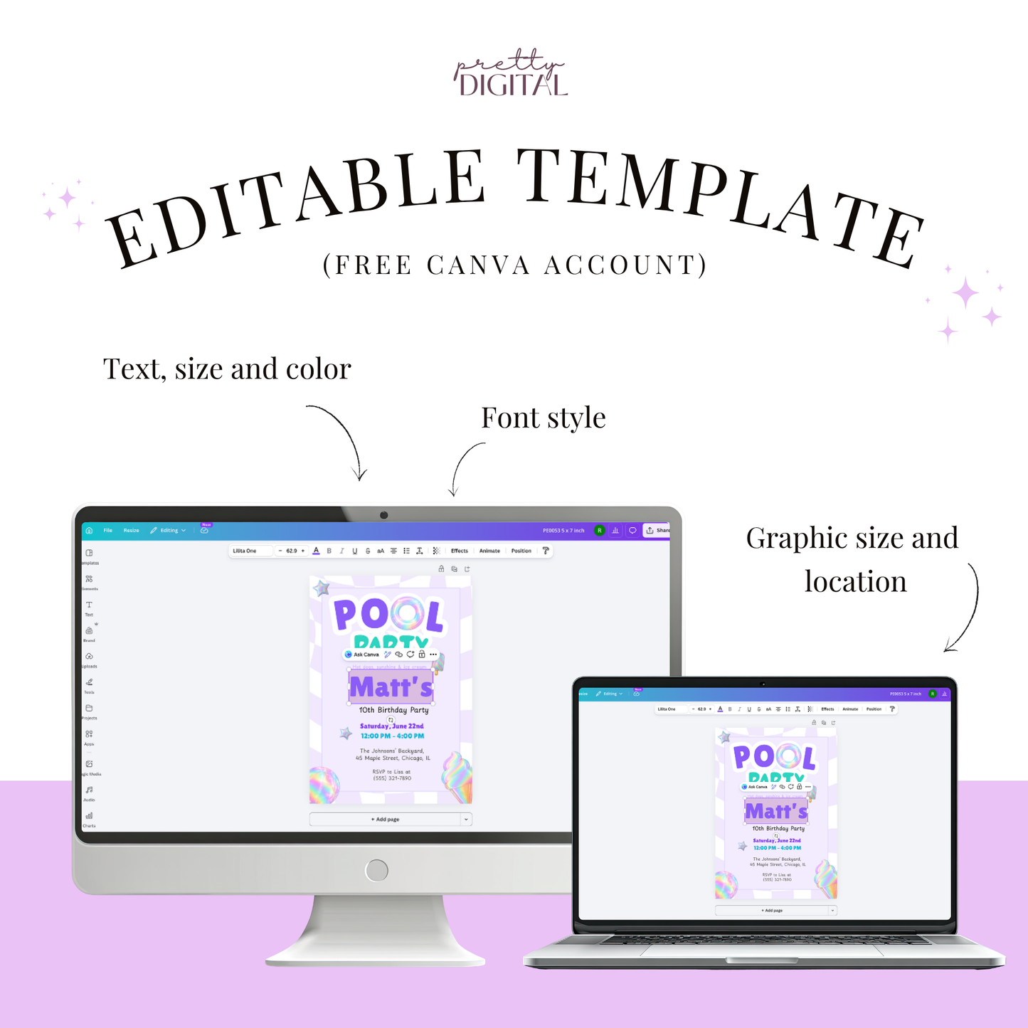 Purple Pool Party Kids Birthday Invitation Template