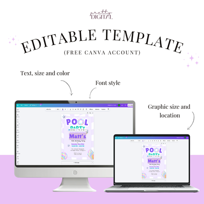 Purple Pool Party Kids Birthday Invitation Template