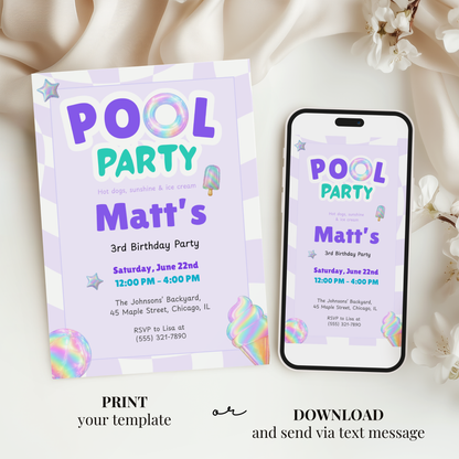 Purple Pool Party Kids Birthday Invitation Template
