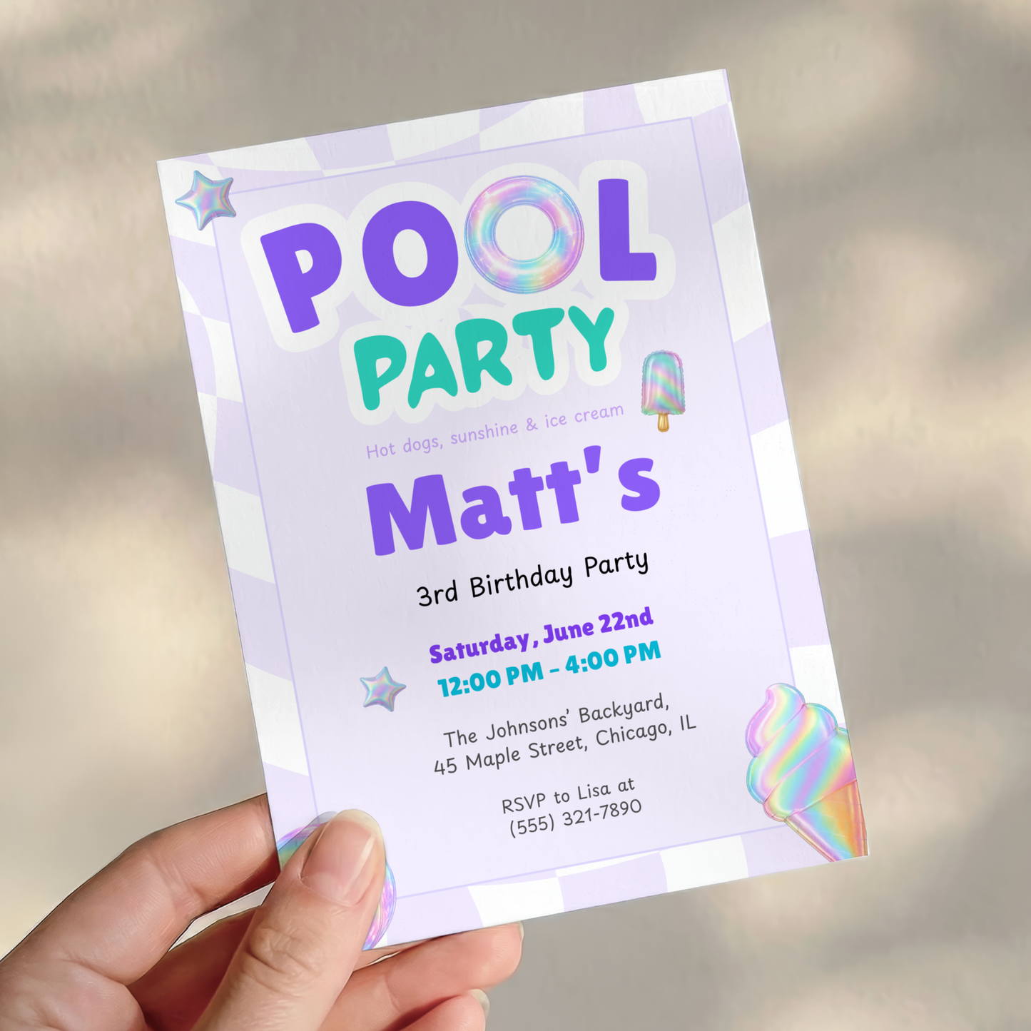 Purple Pool Party Kids Birthday Invitation Template