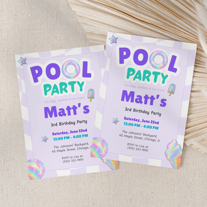 Purple Pool Party Kids Birthday Invitation Template