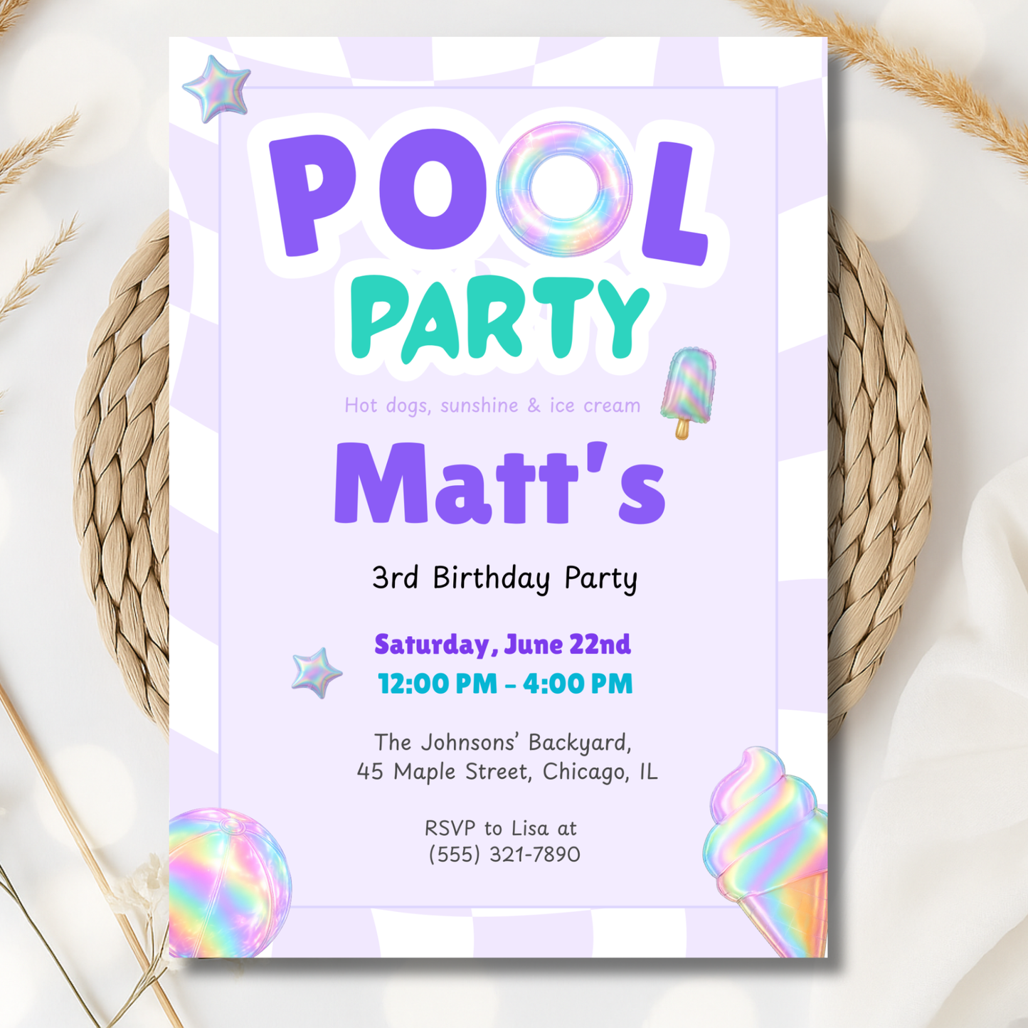 Purple Pool Party Kids Birthday Invitation Template