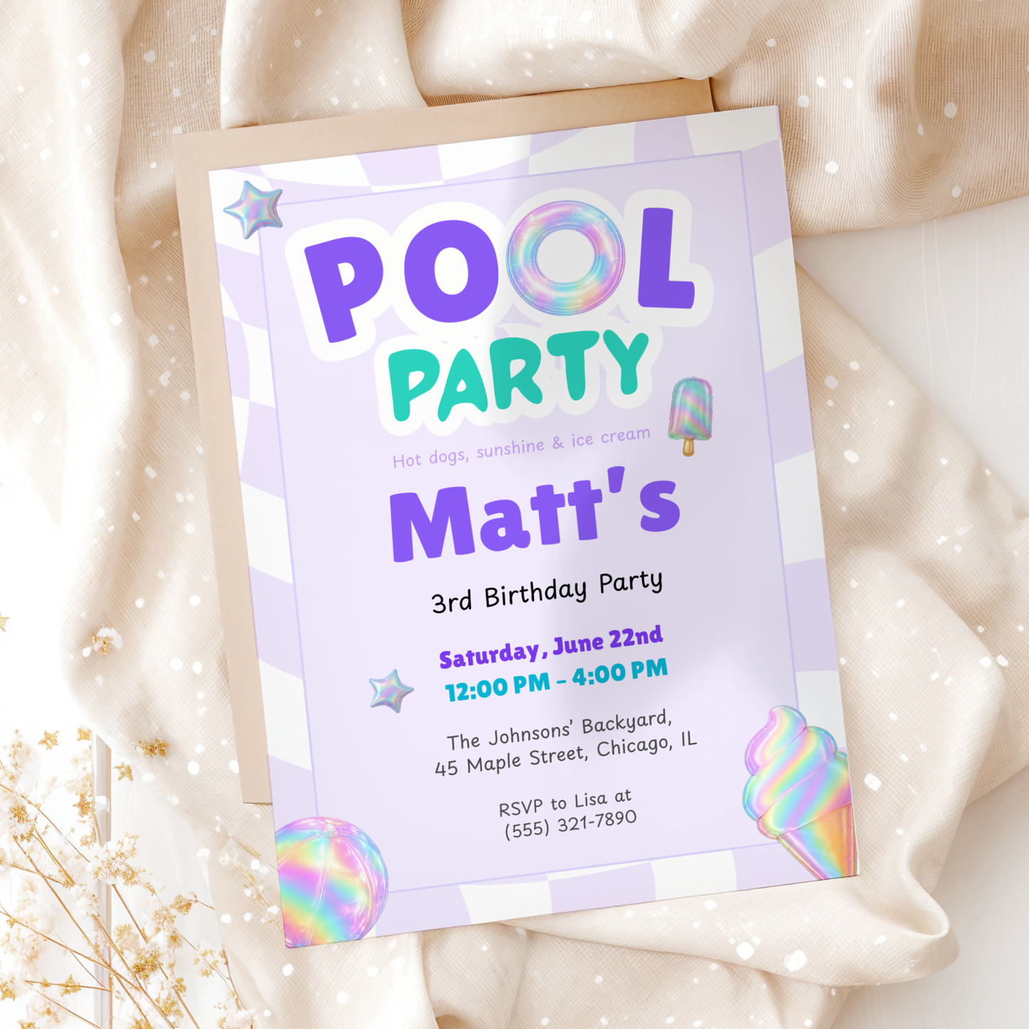 Purple Pool Party Kids Birthday Invitation Template