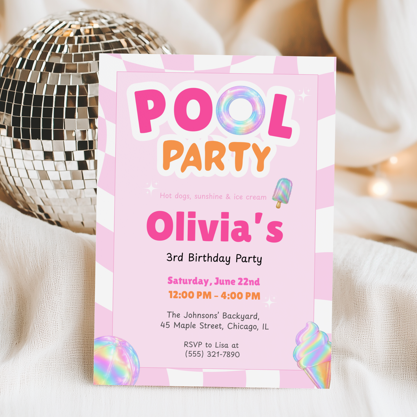 Pink Pool Party Kids Birthday Invitation