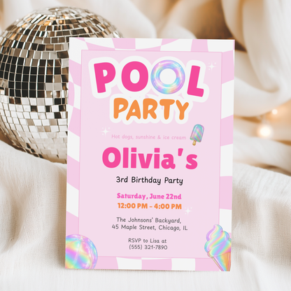 Pink Pool Party Kids Birthday Invitation