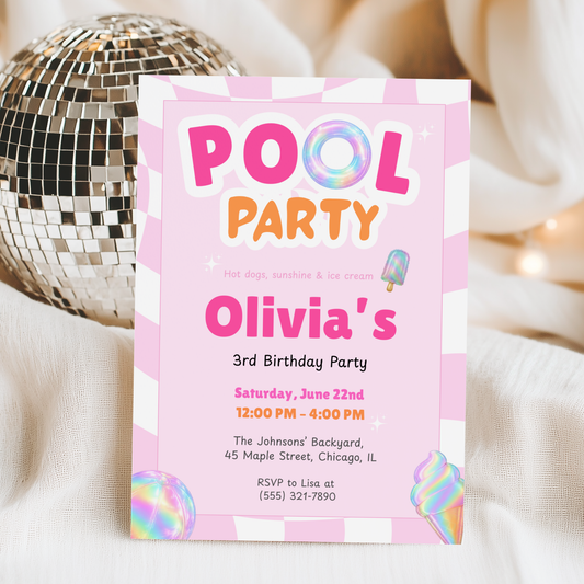 Pink Pool Party Kids Birthday Invitation