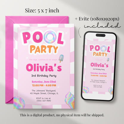 Pink Pool Party Kids Birthday Invitation
