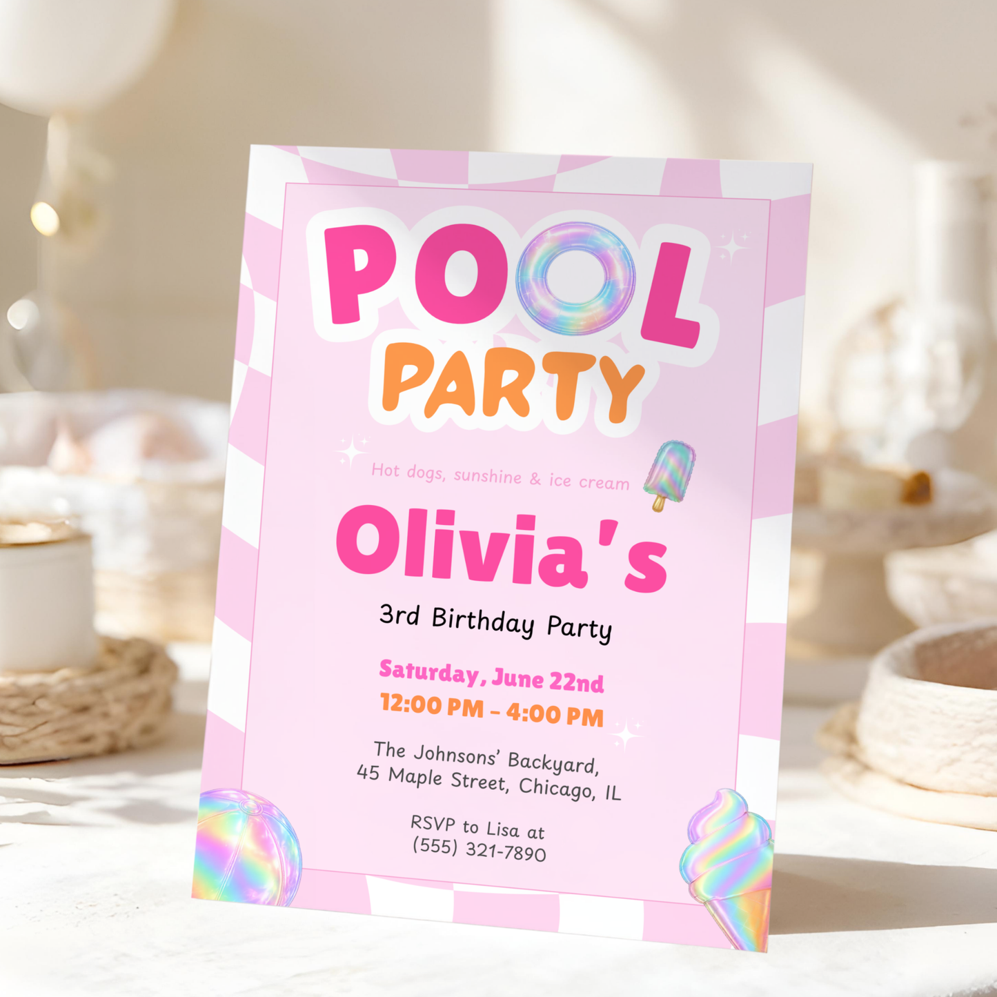 Pink Pool Party Kids Birthday Invitation