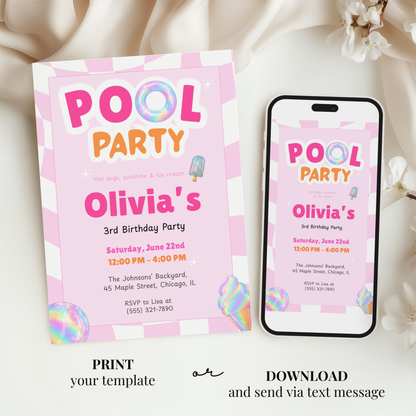 Pink Pool Party Kids Birthday Invitation