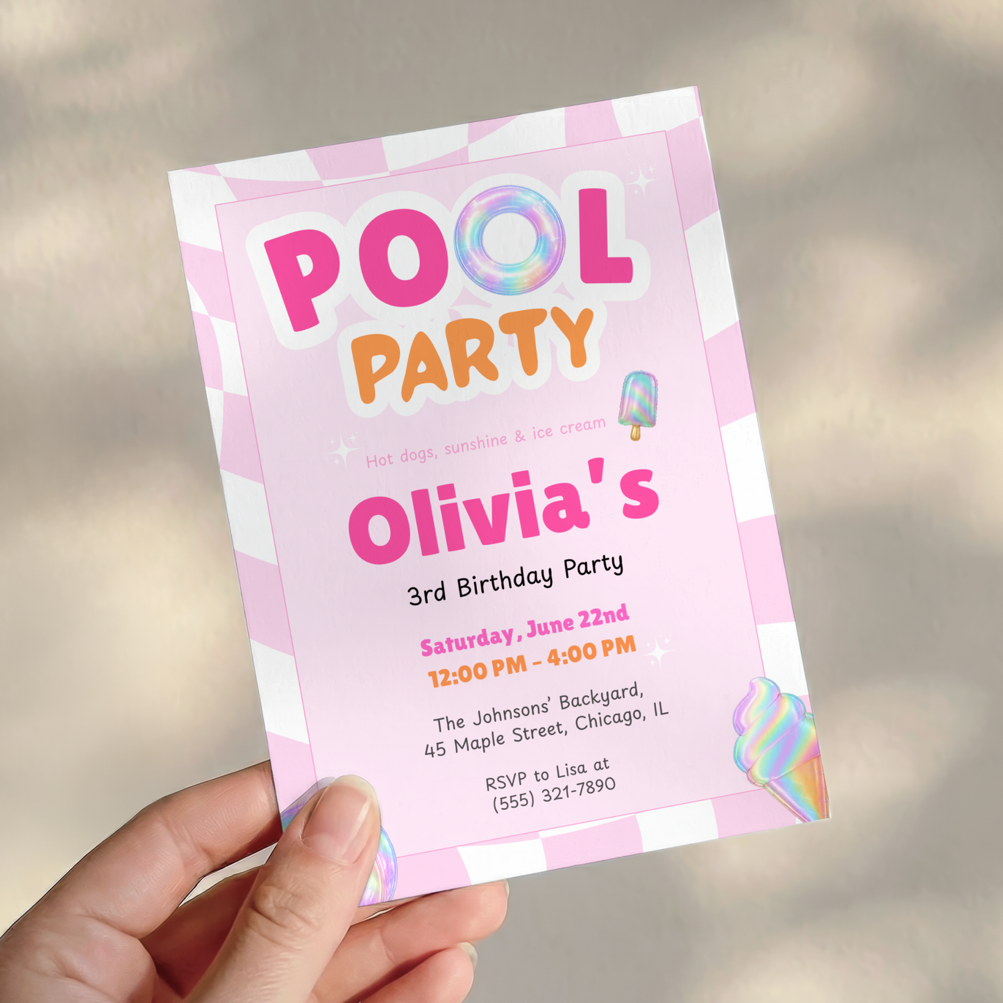 Pink Pool Party Kids Birthday Invitation