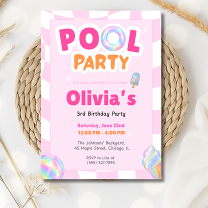 Pink Pool Party Kids Birthday Invitation