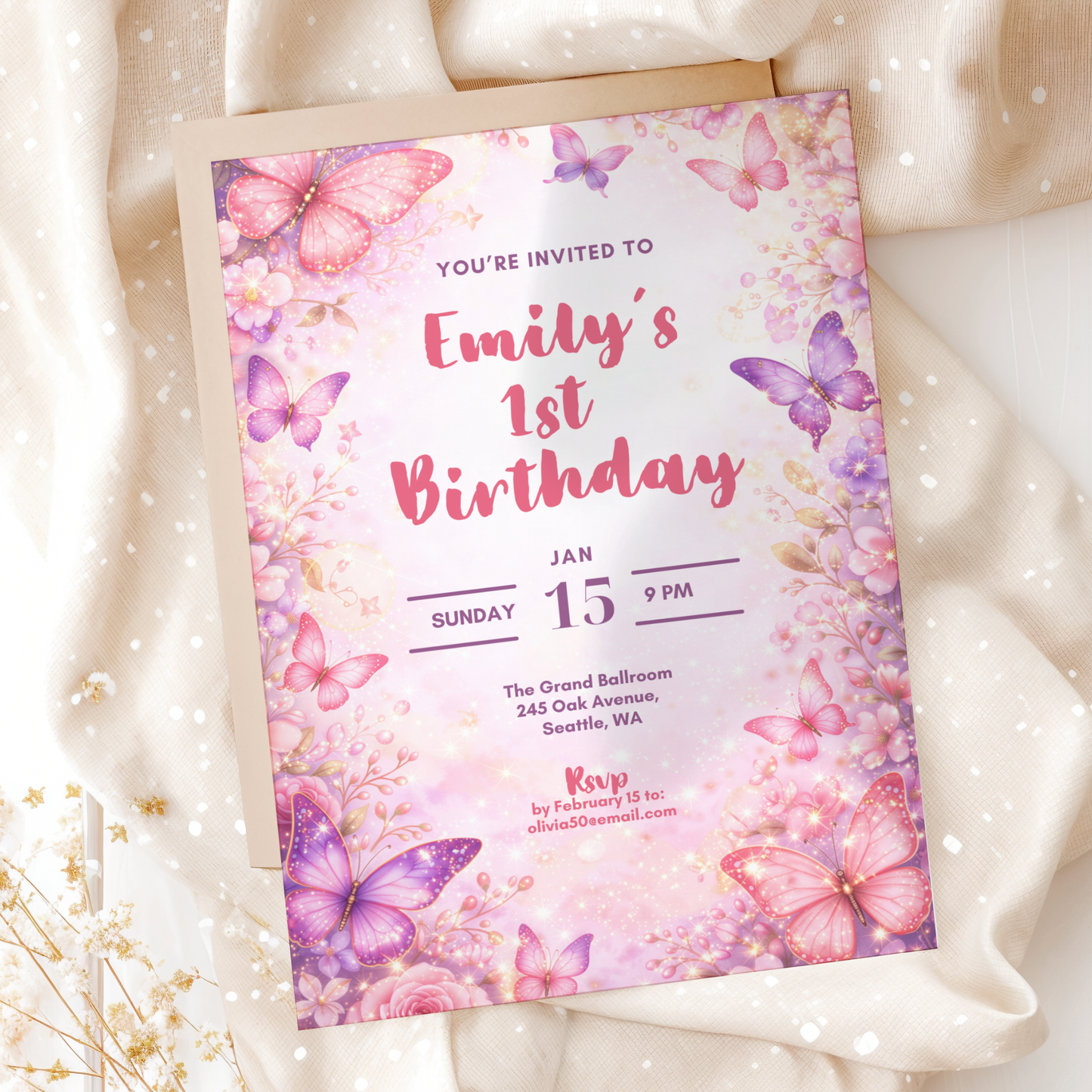 Butterfly 1st Birthday Invitation Template