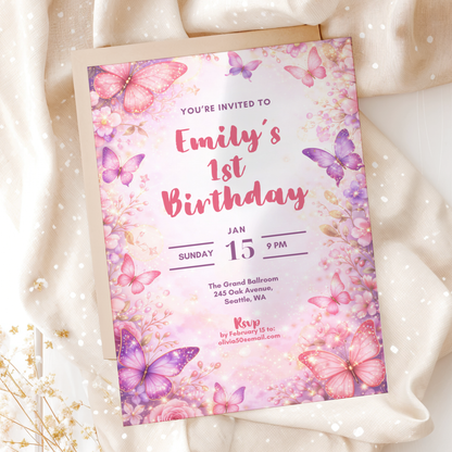 Butterfly 1st Birthday Invitation Template
