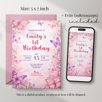 Butterfly 1st Birthday Invitation Template