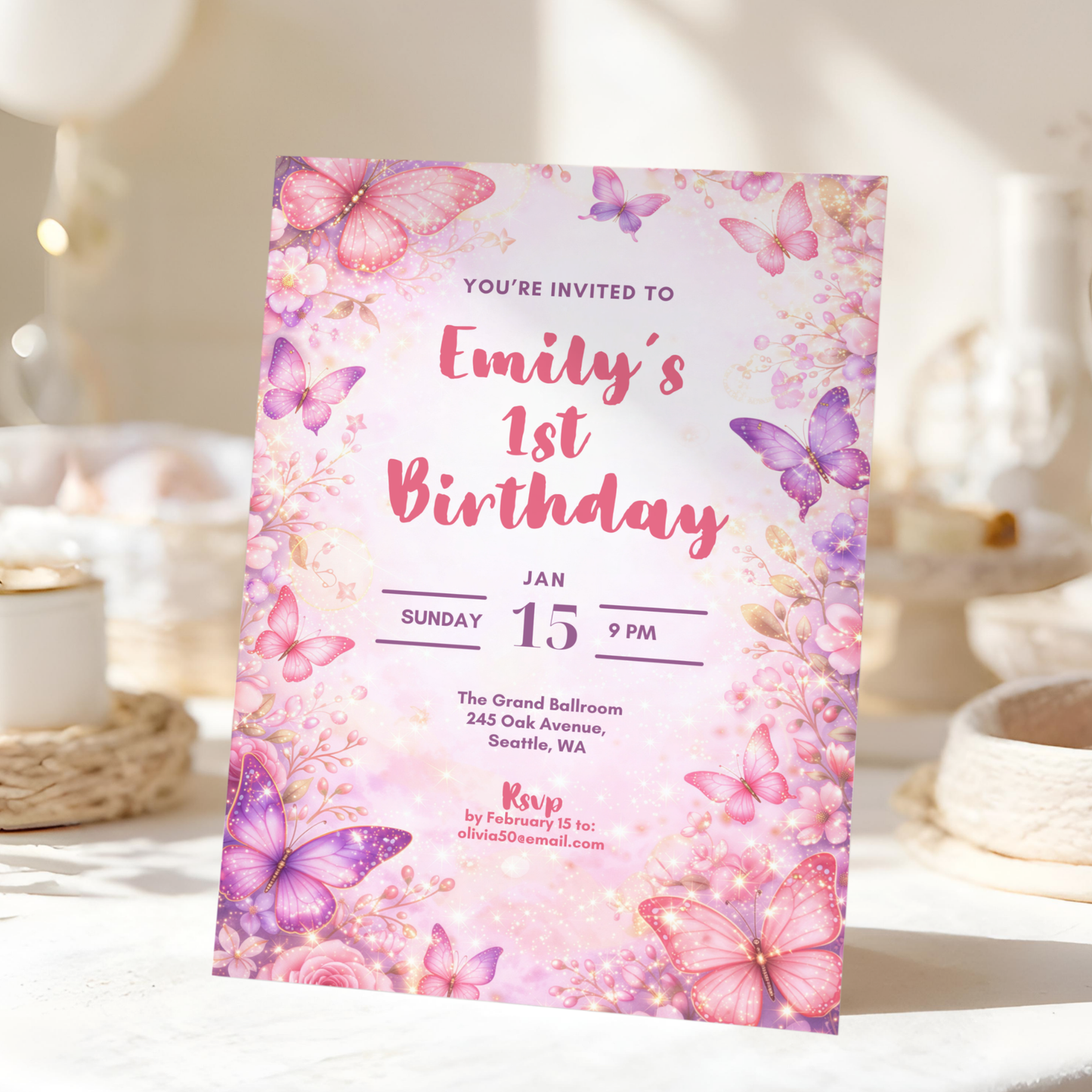Butterfly 1st Birthday Invitation Template