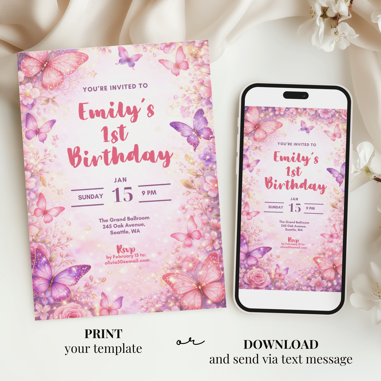 Butterfly 1st Birthday Invitation Template