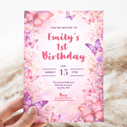 Butterfly 1st Birthday Invitation Template