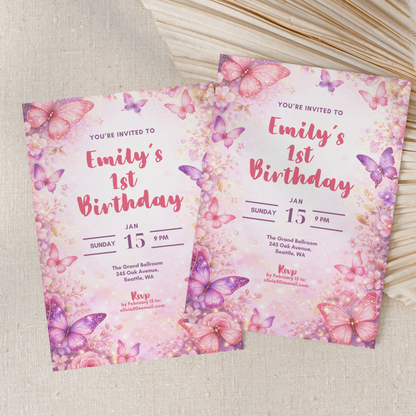 Butterfly 1st Birthday Invitation Template