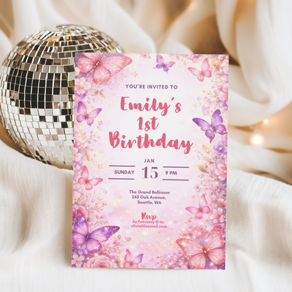 Butterfly 1st Birthday Invitation Template
