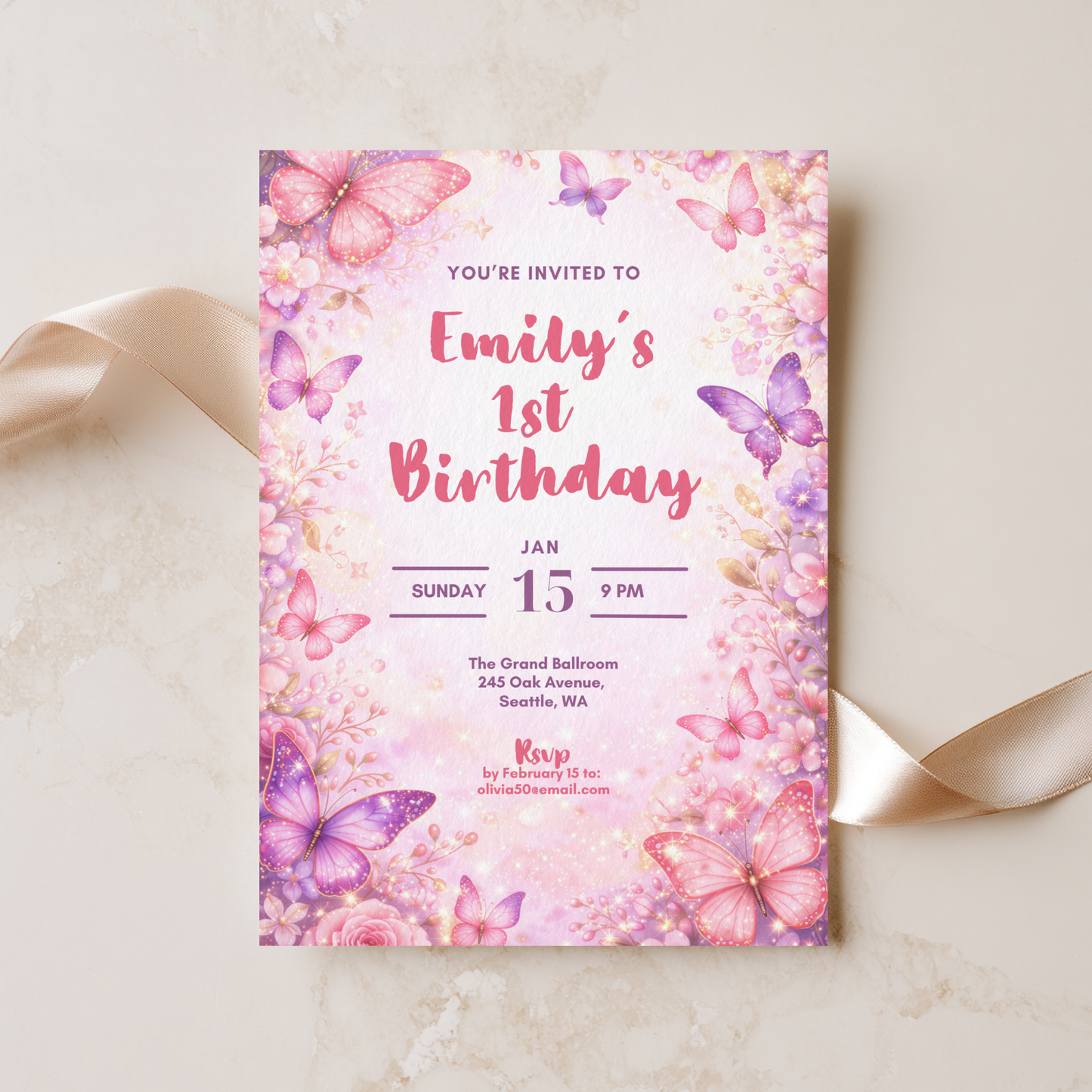 Butterfly 1st Birthday Invitation Template