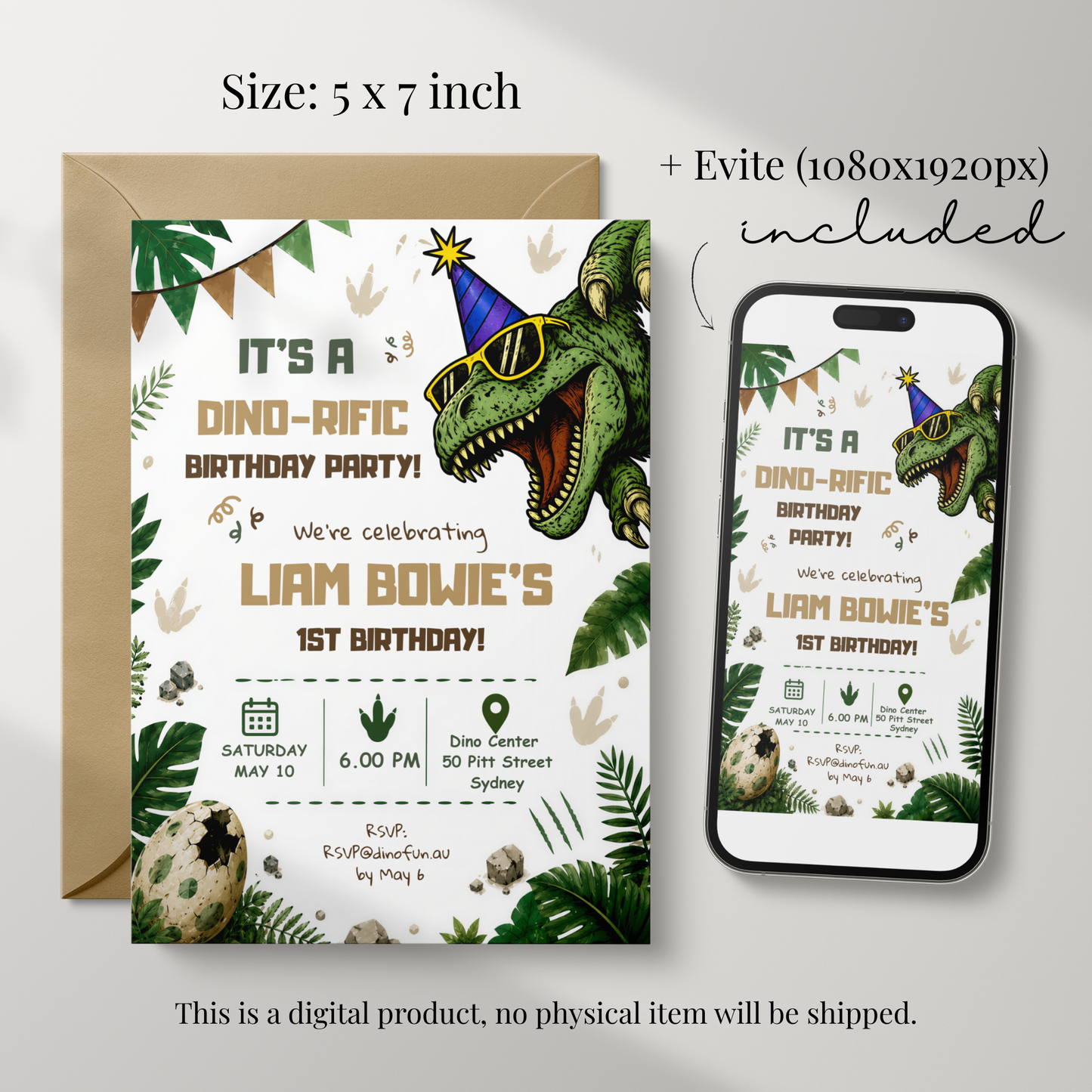 Dinosaur 1st Birthday Invitation Template