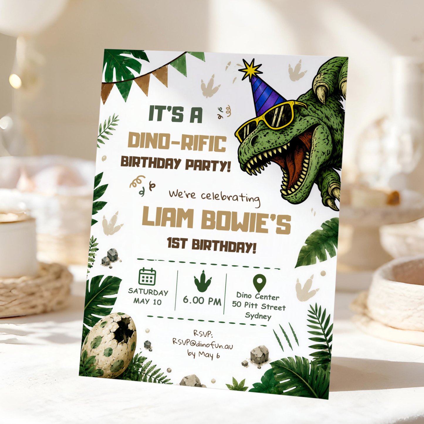 Dinosaur 1st Birthday Invitation Template