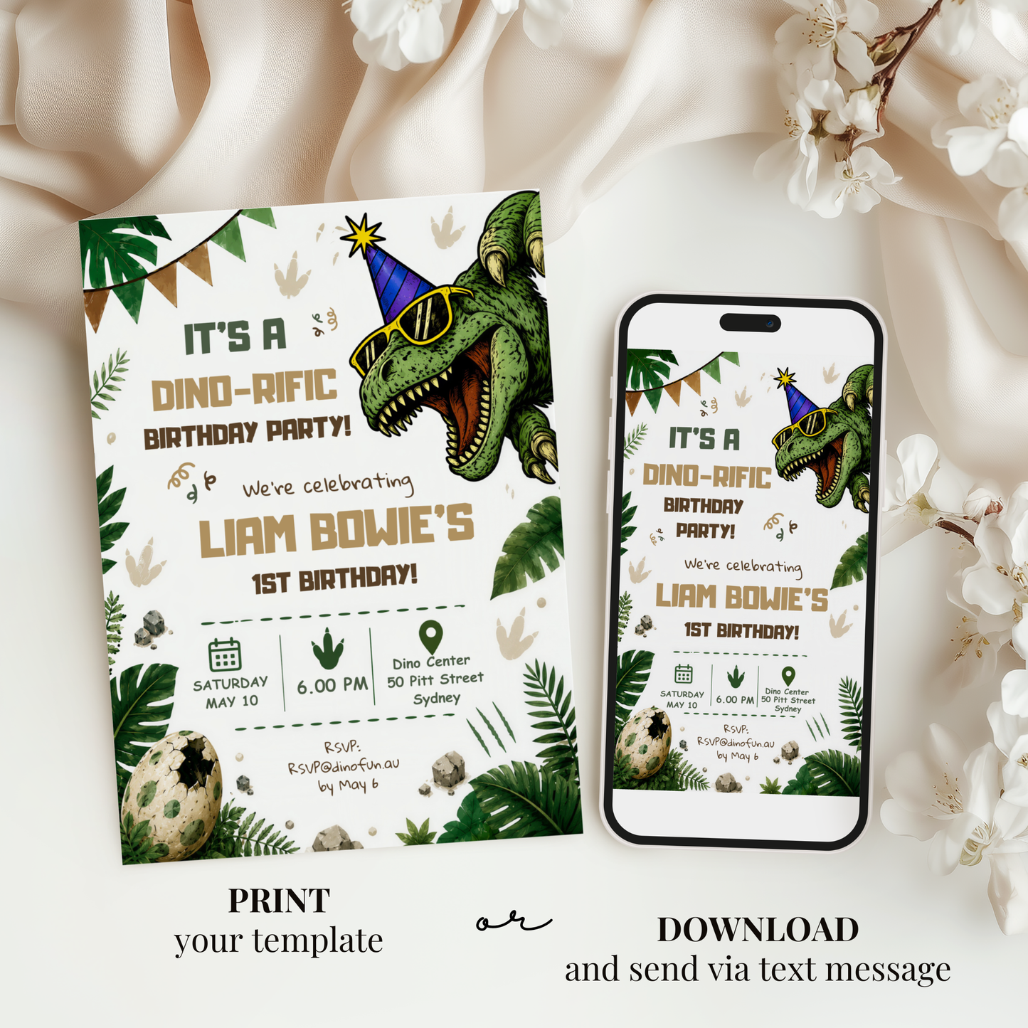 Dinosaur 1st Birthday Invitation Template