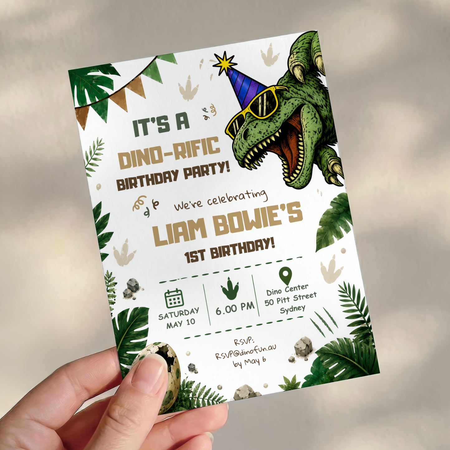 Dinosaur 1st Birthday Invitation Template