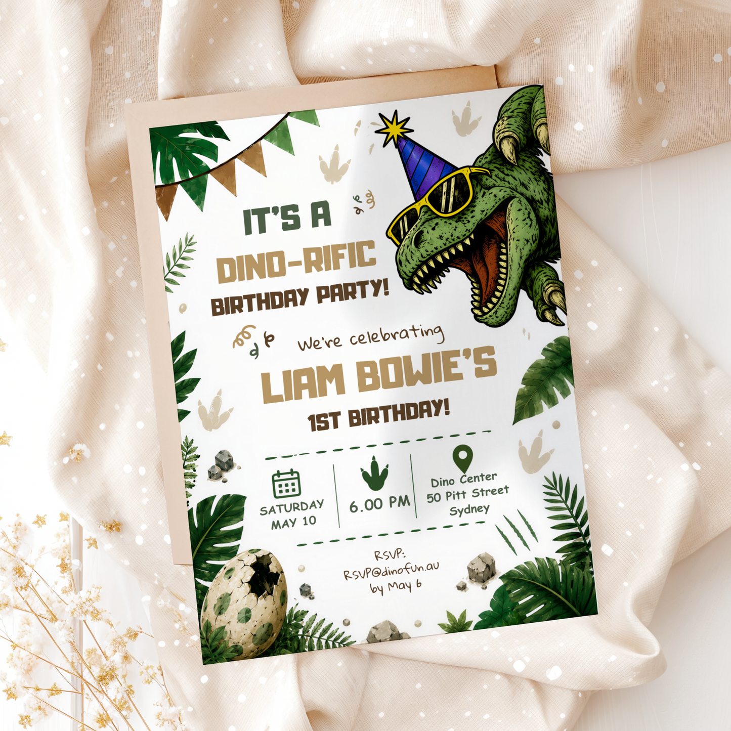 Dinosaur 1st Birthday Invitation Template