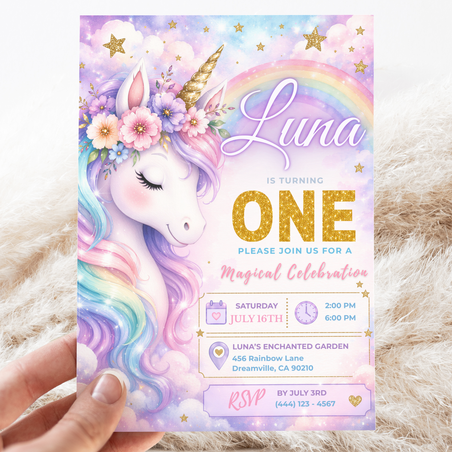 Unicorn 1st Birthday Invitation Template