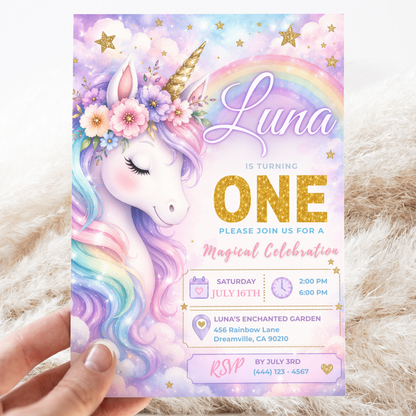 Unicorn 1st Birthday Invitation Template