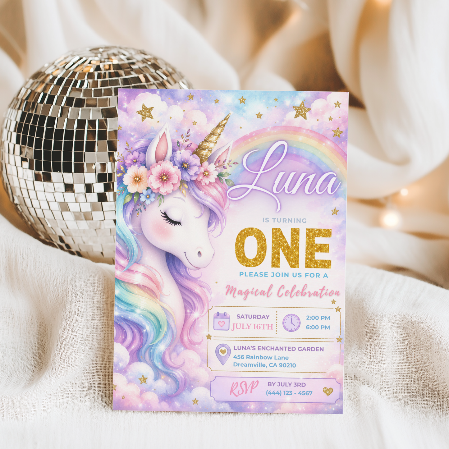 Unicorn 1st Birthday Invitation Template
