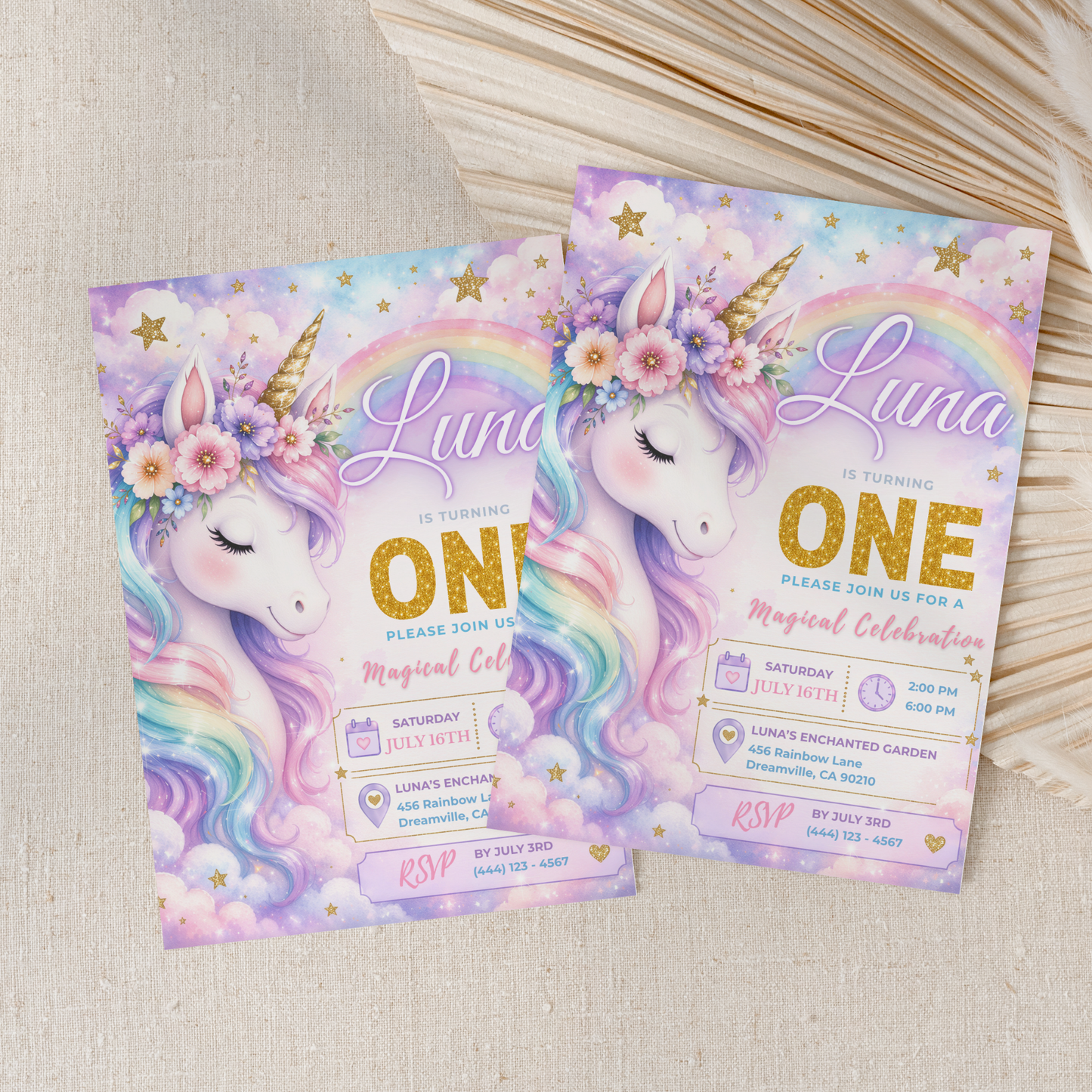 Unicorn 1st Birthday Invitation Template