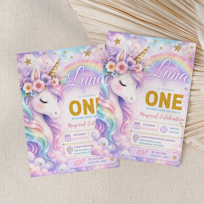 Unicorn 1st Birthday Invitation Template