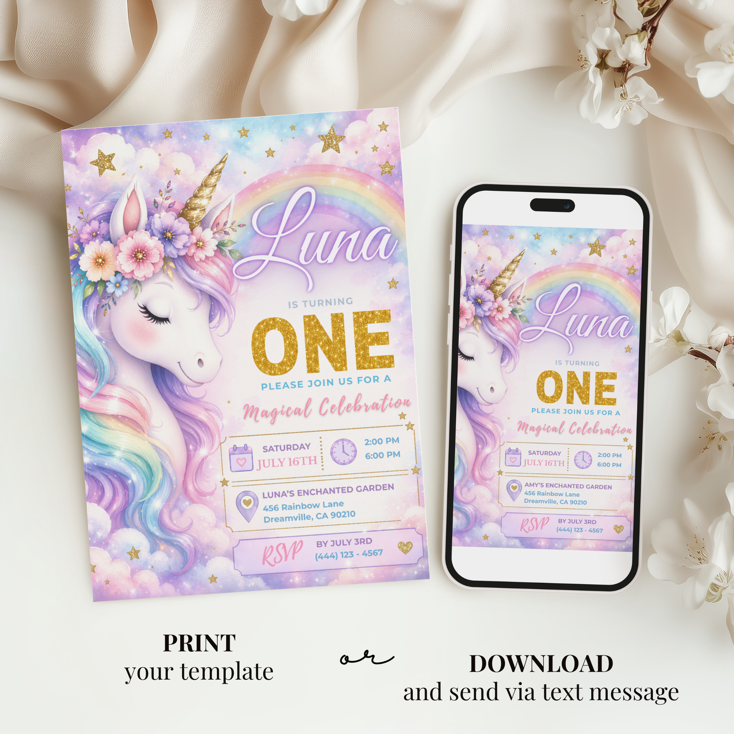 Unicorn 1st Birthday Invitation Template