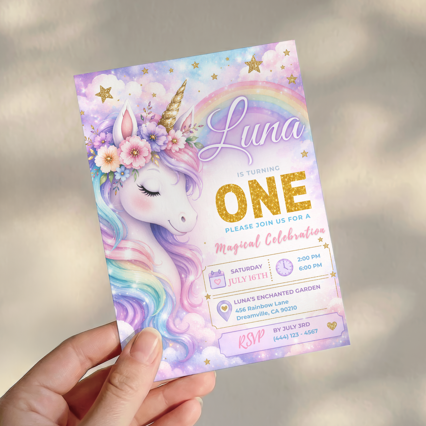 Unicorn 1st Birthday Invitation Template