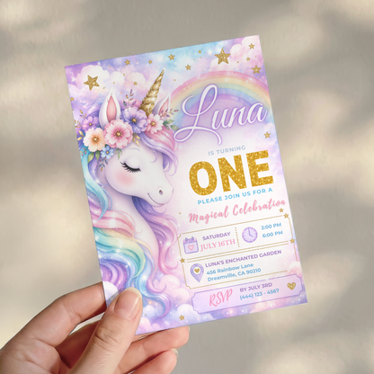 Unicorn 1st Birthday Invitation Template