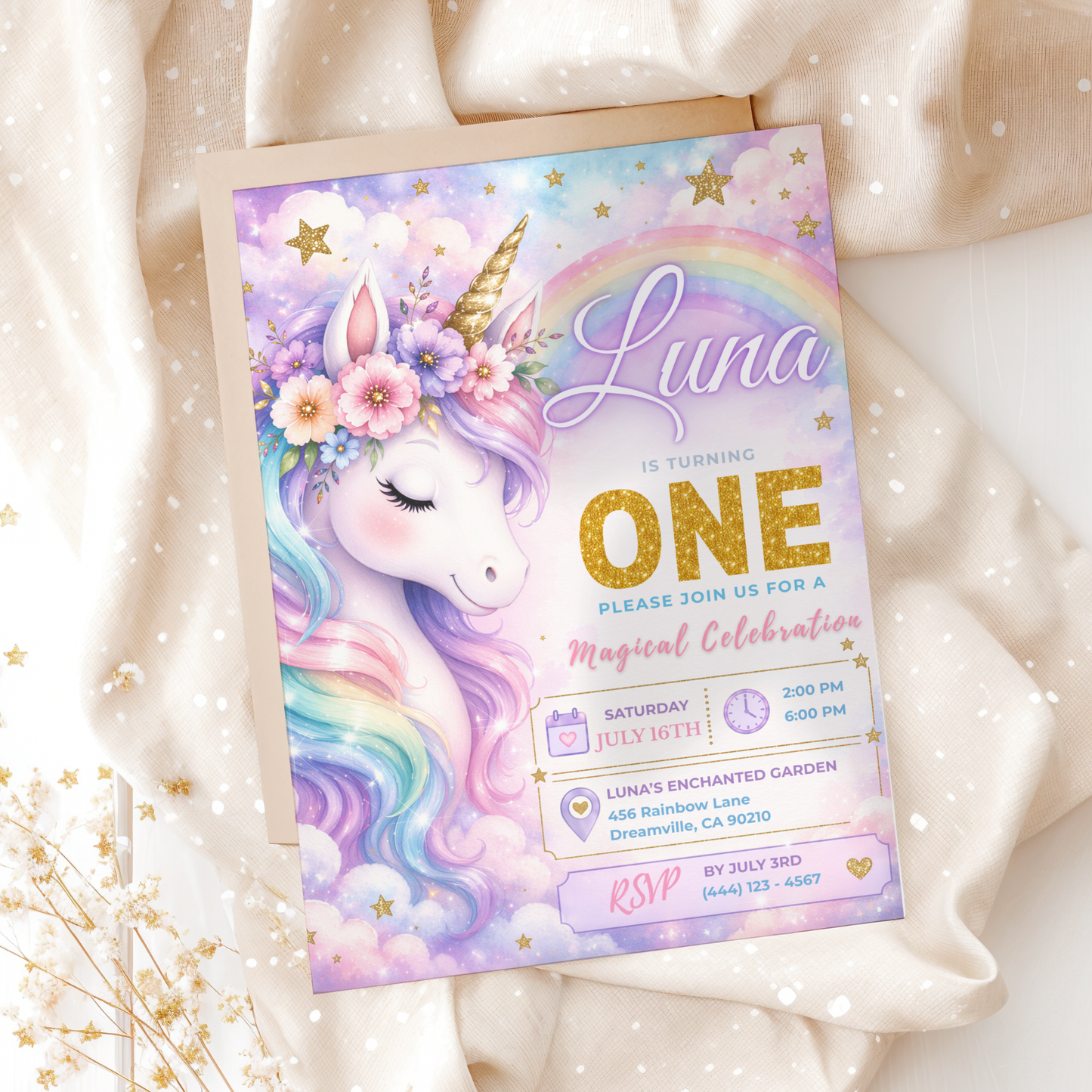 Unicorn 1st Birthday Invitation Template