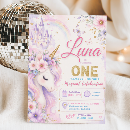 Magical Unicorn 1st Birthday Invitation