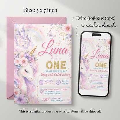 Magical Unicorn 1st Birthday Invitation