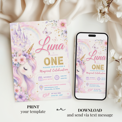 Magical Unicorn 1st Birthday Invitation