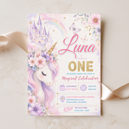 Magical Unicorn 1st Birthday Invitation