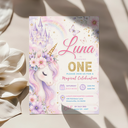 Magical Unicorn 1st Birthday Invitation