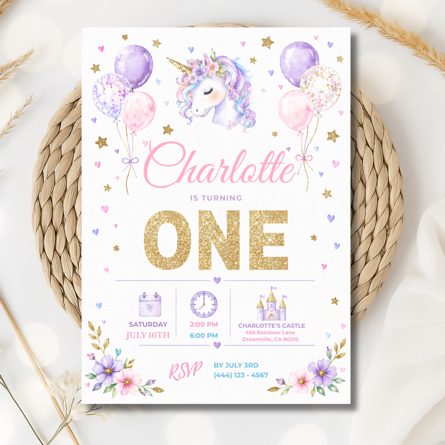 Pastel Unicorn 1st Birthday Invitation
