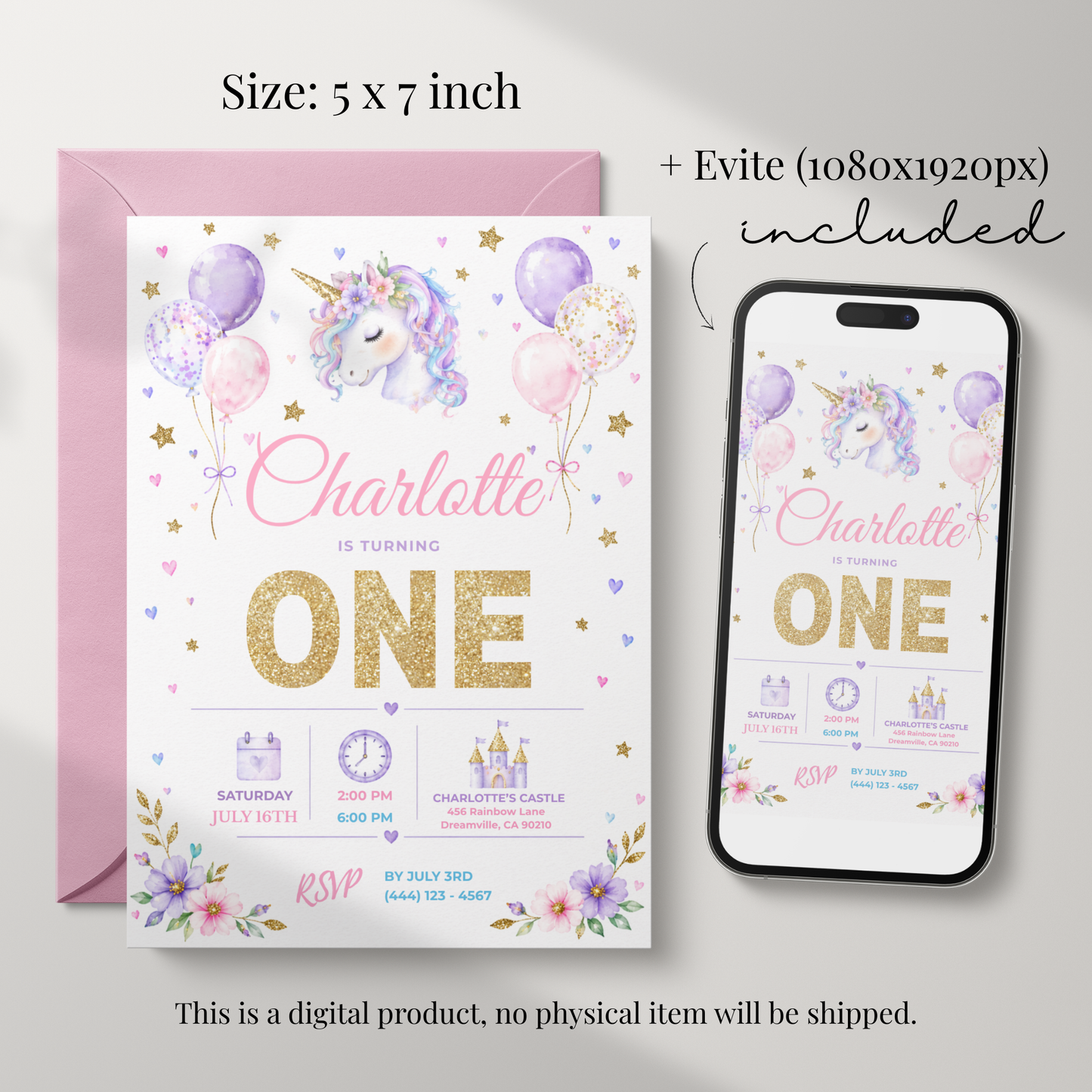 Pastel Unicorn 1st Birthday Invitation