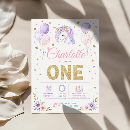 Pastel Unicorn 1st Birthday Invitation