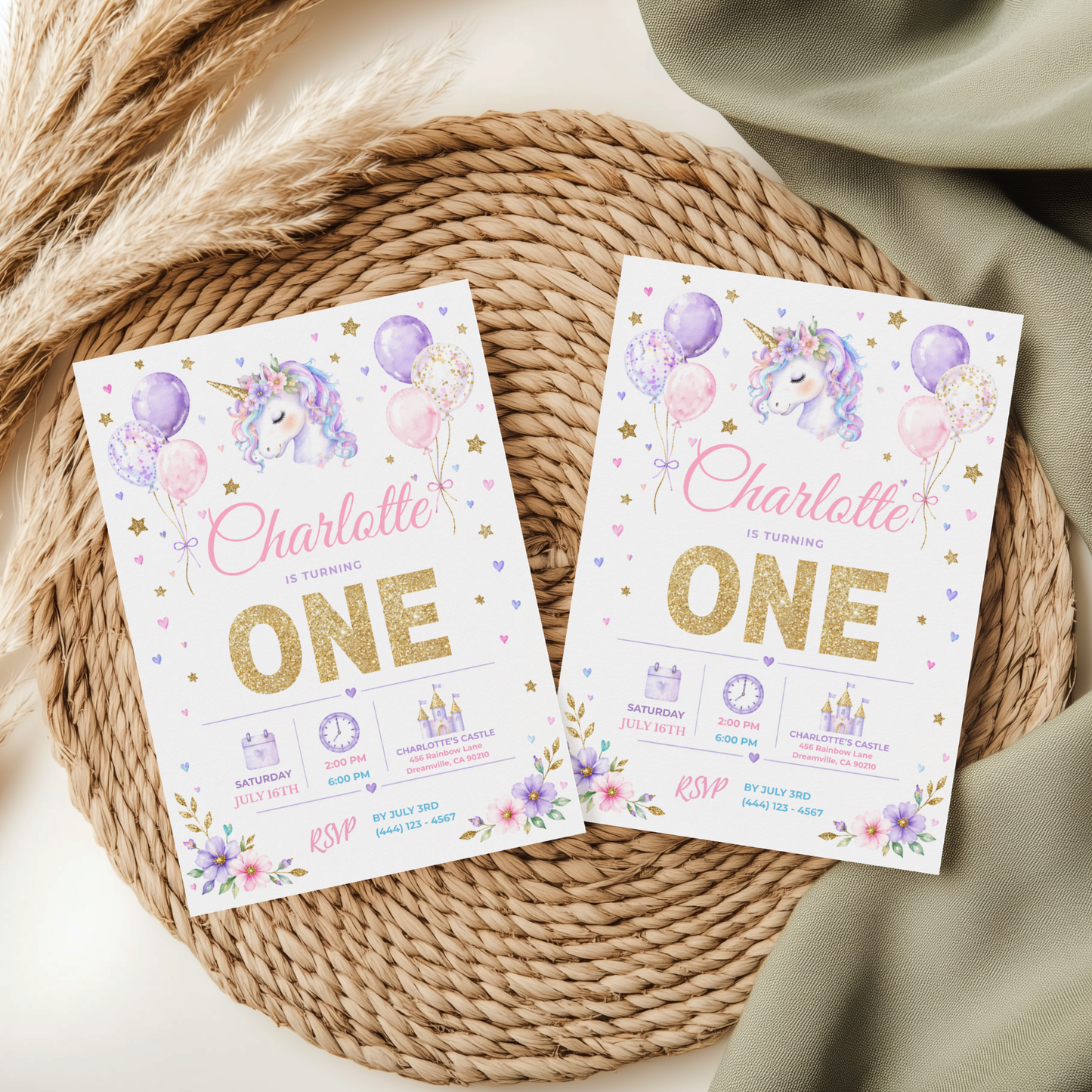 Pastel Unicorn 1st Birthday Invitation