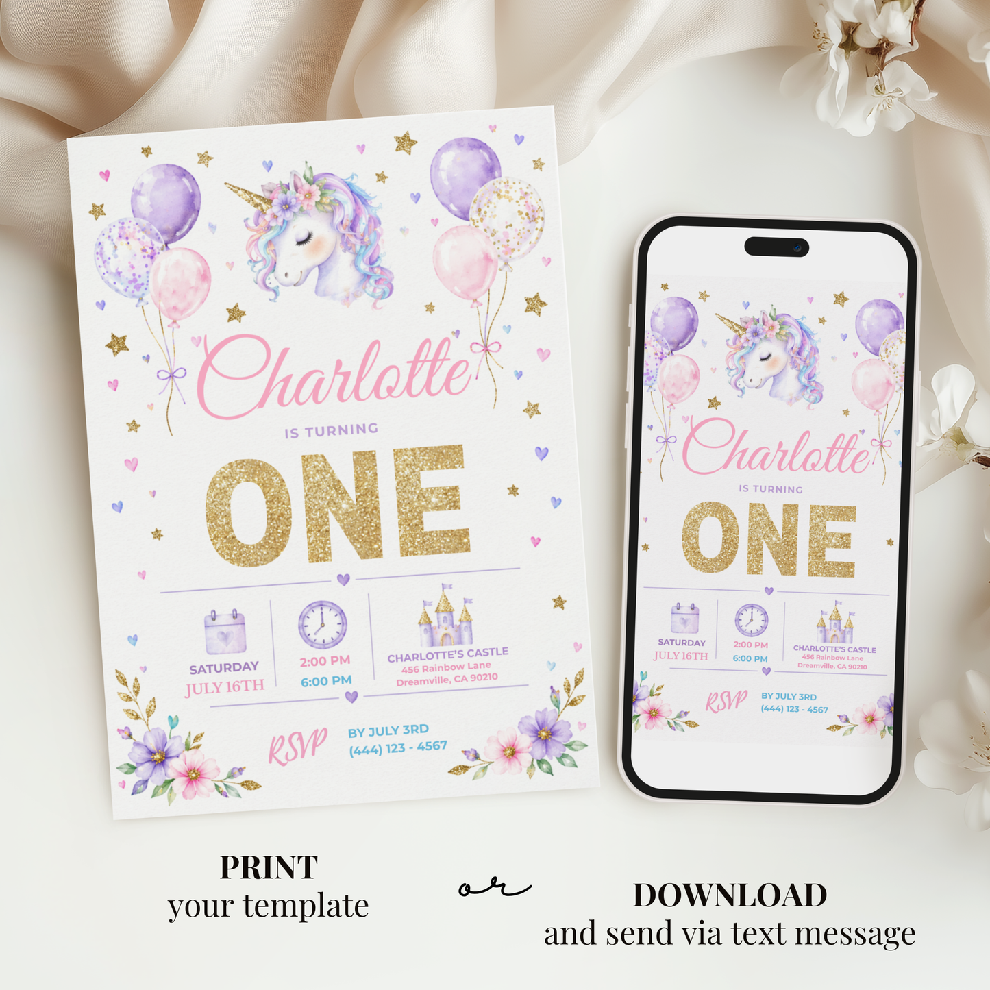 Pastel Unicorn 1st Birthday Invitation