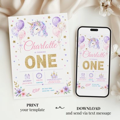 Pastel Unicorn 1st Birthday Invitation