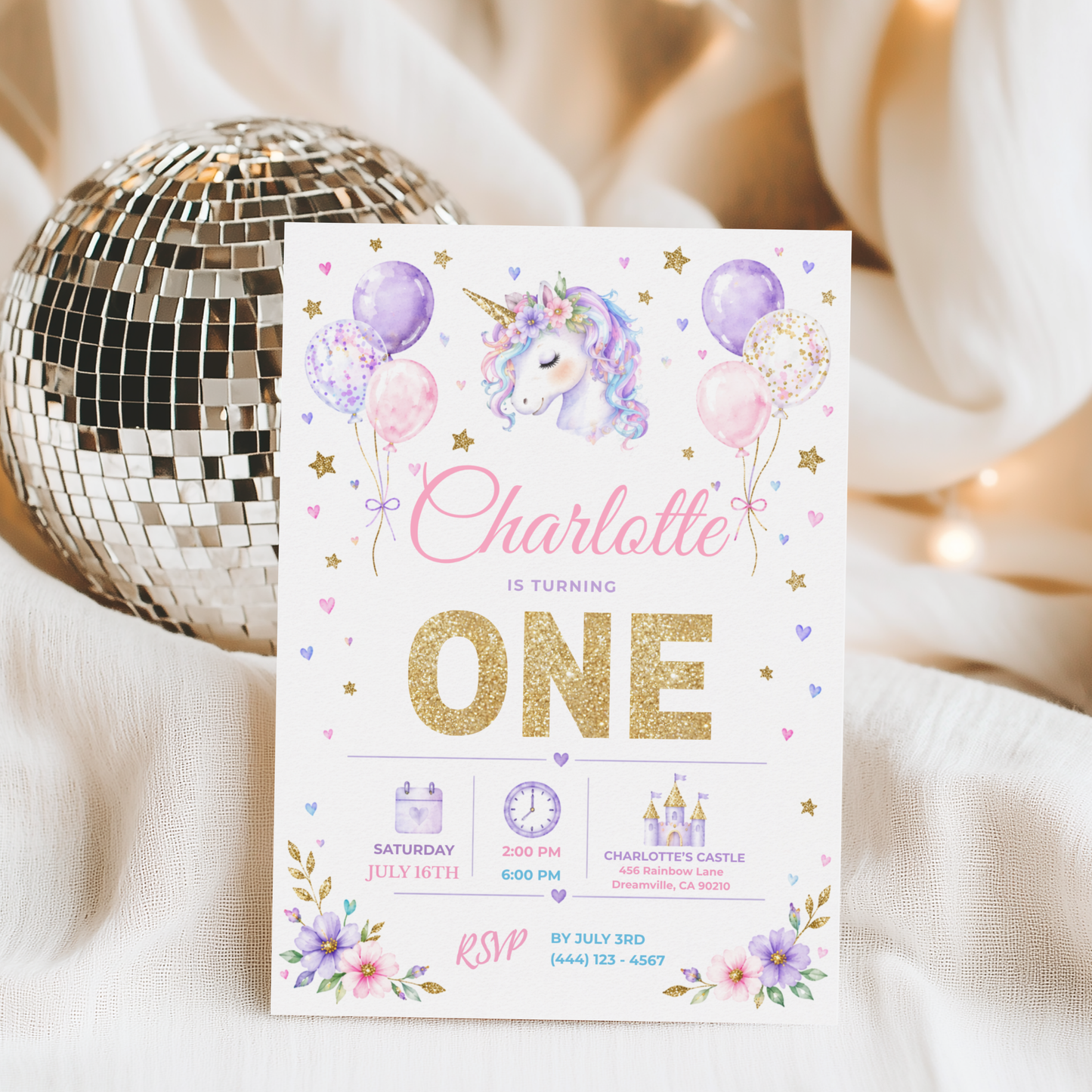 Pastel Unicorn 1st Birthday Invitation
